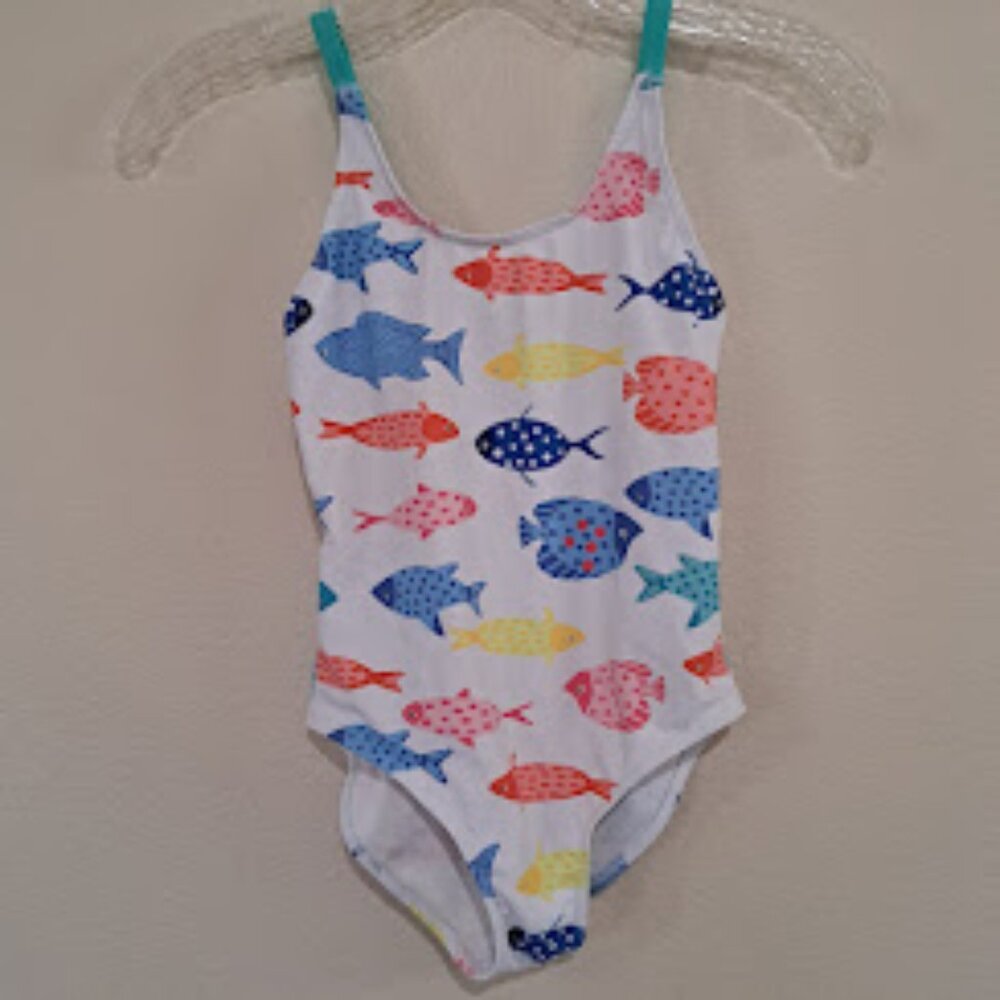 Shein Fish Swimsuit girls‎ medium White with colored fish one-piece